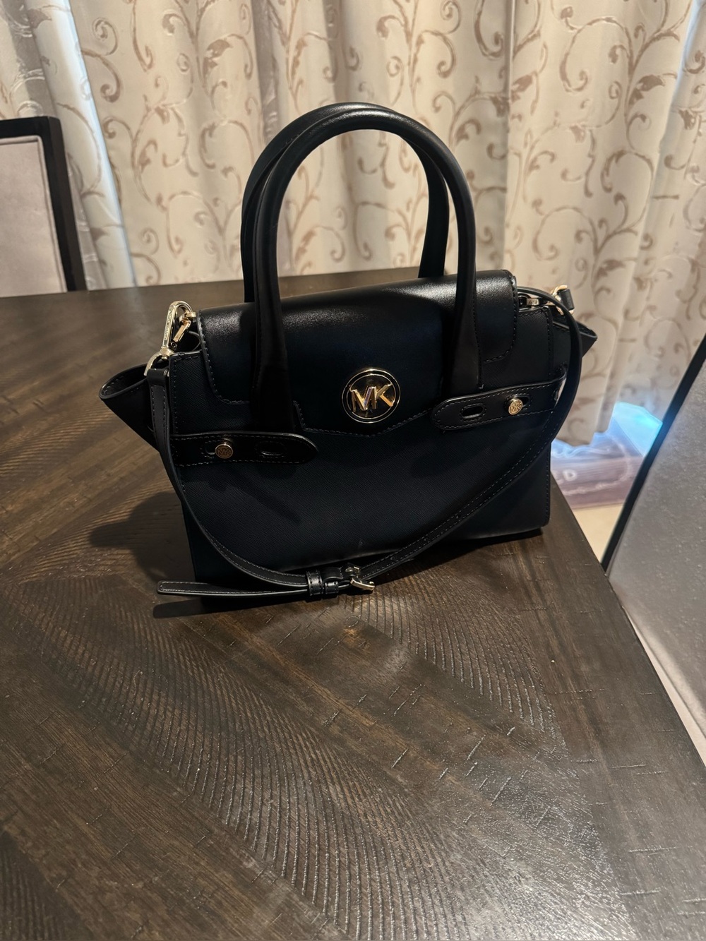 Michael Kors Black Leather Medium Satchel with Gold MK Accent